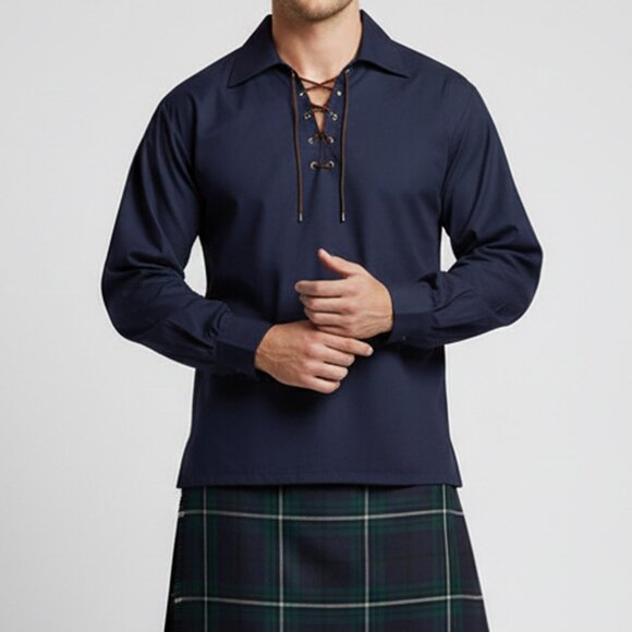 Men Scottish Traditional Jacobite Shirt Highlander Black Lace-up Front Shirt - Picture 7 of 8
